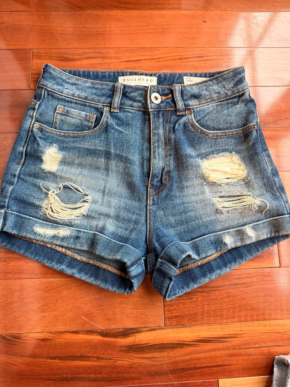 Bullhead Denim Co. Ripped Cuffed Denim Mom Shorts - Blue size 1